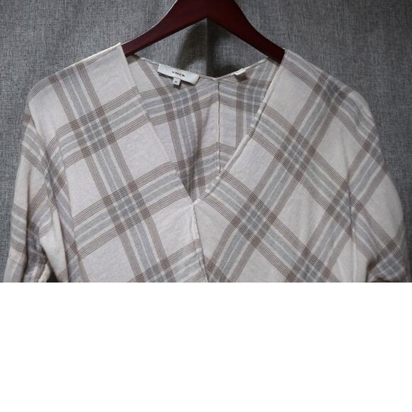 Vince Plaid Wrap Blouse in Taupe and Gray – Size XS - Picture 2 of 3